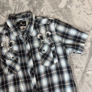 Pop Icon Clothing Buckle Shirt Mens L Plaid Pearl Snap Western Rodeo Embroidered